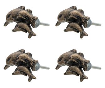 Sada 4 hnědých kovových knoflíků na skříňku s motivem delfína, 6x4x4 cm