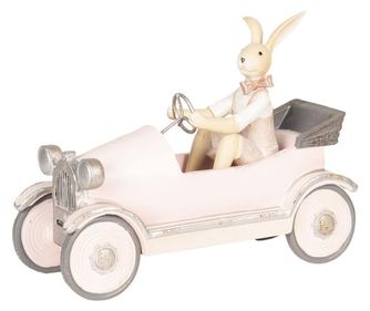 Figurka zajączka wielkanocnego wykonana z różowej szarej żywicy poliestrowej o wymiarach 24x9x18 cm