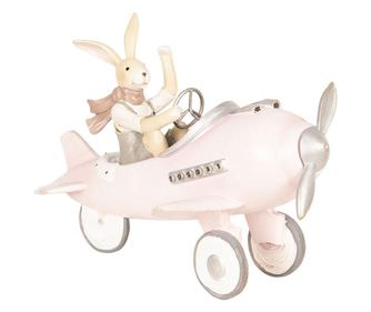 Figurka zajączka wielkanocnego z samolotem wykonana z różowej szarej żywicy poliestrowej o wymiarach 25x17x18 cm