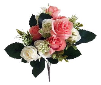 Buchet flori artificiale, Trandafiri, Alb/ Roz