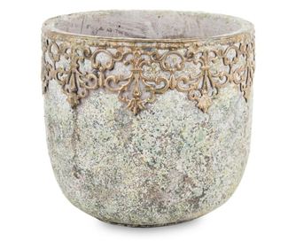 Ghiveci de piatra, model antichizat, margine metalica, 16x18 cm