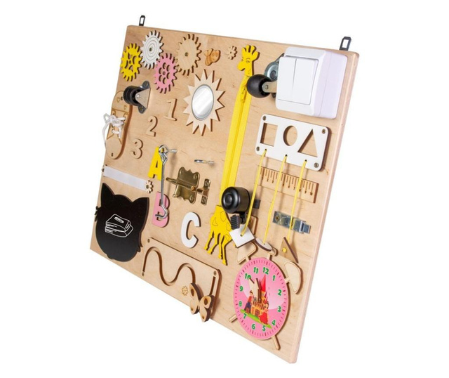 Placa senzoriala busy board, multiactivitati 3D, din lemn, 50 x 38 cm, pentru fetite