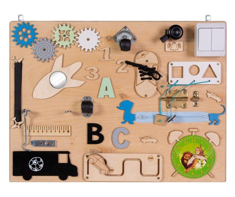 Placa senzoriala busy board, multiactivitati 3D, din lemn, 50 x 38 cm, pentru baieti
