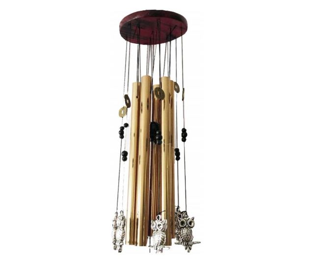 Clopotel de vant cu 6 tuburi sonore metalice aurii pentru casa sau gradina, model Feng-Shui cu bufnite si monede