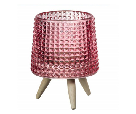 Suport decorativ Pufo Gorgeous pentru lumanare din sticla cu picioruse din lemn, 11 cm, roz