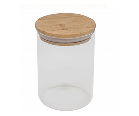 Recipient din sticla borosilicata Pufo Flavour pentru zahar, cafea, ceai sau condimente, cu capac ermetic din bambus, 500 ml