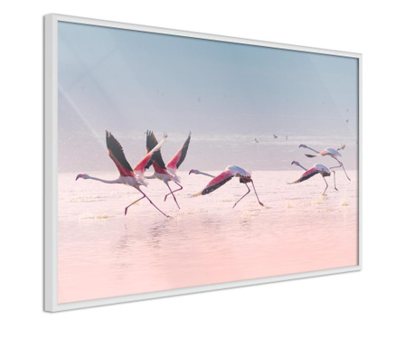 Tablou poster artgeist, flamingos breaking into a flight, rama alba  60x40 cm