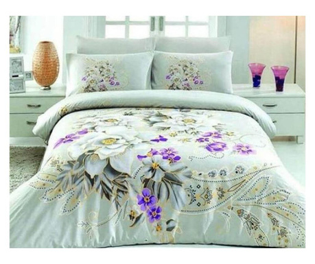 Set lenjerie de pat dublu, din bumbac ranforce satinat, model de lux 3D, print floral crem/violet/ivoire, 4 piese