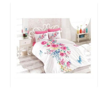 Set lenjerie de pat dublu, din bumbac ranforce satinat, model de lux 3D, flori si fluturi, roz/albastru, 4 piese