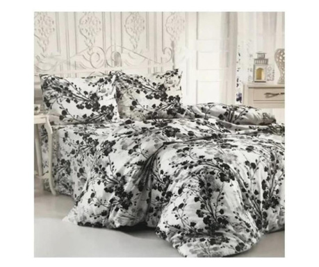 Set lenjerie de pat dublu, bumbac ranforce satinat, model de lux 3D, print floral alb/negru, 4 piese