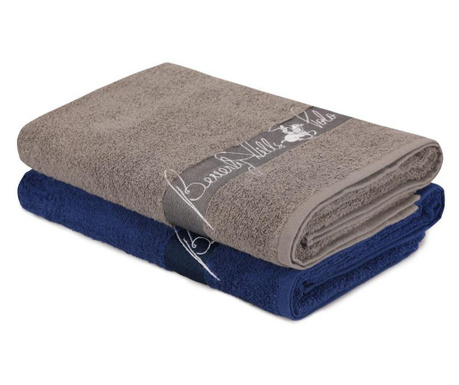 Комплект 2 кърпи за баня Beverly Hills Polo Club, памук, 450 g/m², 140x70 cm, син/сиво