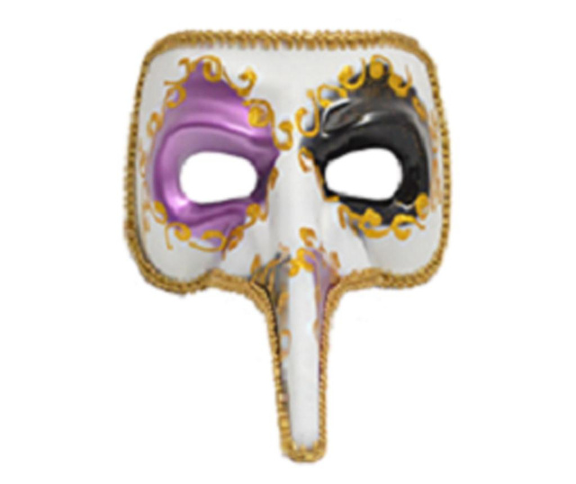 Masca carnaval venetian model Casanova cu detalii aurii, mov/negru