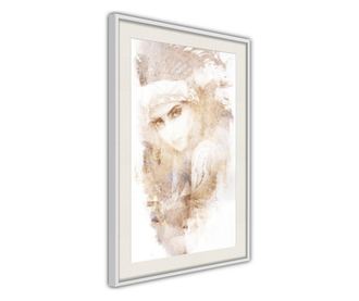 Tablou poster Artgeist, Mysterious Look (Beige), Rama alba tip passe-partout, 30 x 45 cm