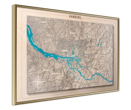 Poster Artgeist - Raised Relief Map: Hamburg - Zlatni okvir - 30 x 20 cm