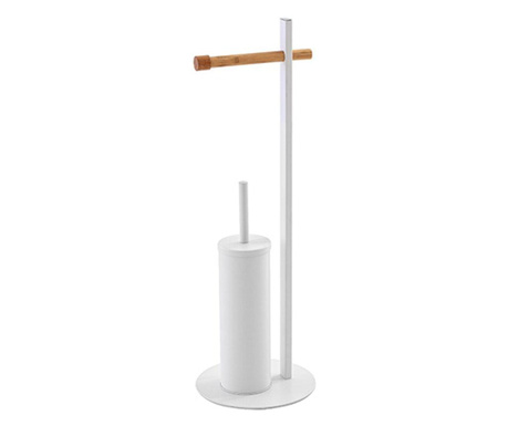 Вертикална опора за тоалетна хартия и четка, бяла, хромирана стомана, бамбук, h 67см
