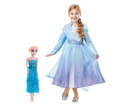 Set costum Printesa Elsa Classic si papusa pentru fete - Frozen 2  7-8 ετών
