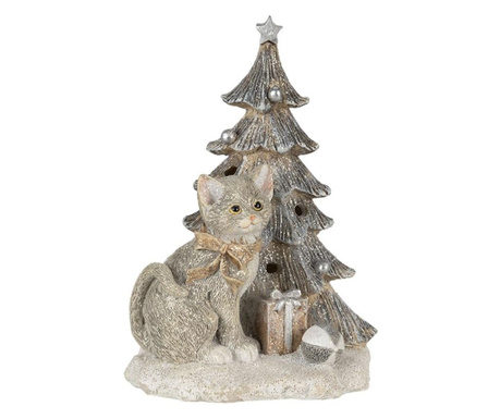 Ukras za božićno drvce i mačku od srebrnog poliresina sa LED 12x9x16 cm