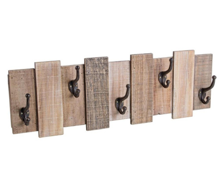 Cuier de perete cu 5 agatatori din lemn natur si fier negru inca 72x10x24 cm  0