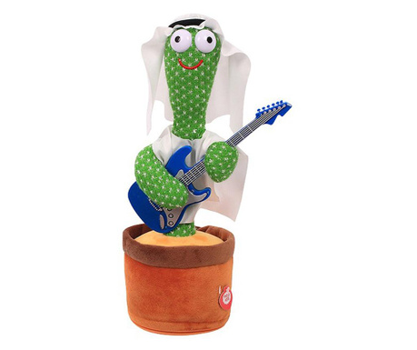 Jucarie Interactiva, Cactus Dansator cu Chitara Albastra, 120 melodii, USB, 32 cm, verde,Albastra