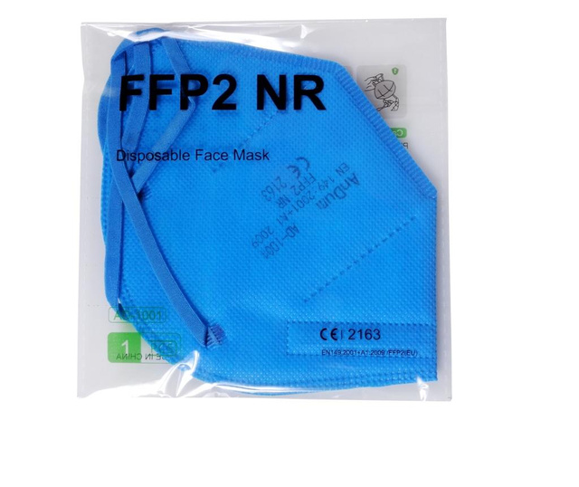 Maska jasnoniebieska, niebieska FFP2, model AD-1001, 5 warstw, zgodna z CE 2163, pakowana pojedynczo