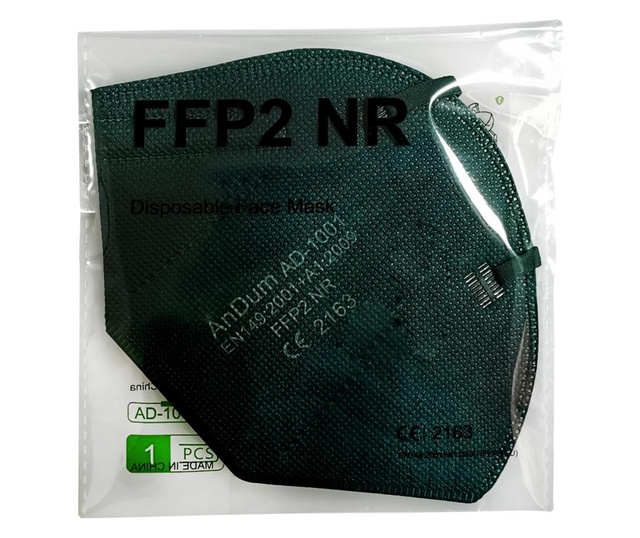 Ciemnozielona maska FFP2, model AD-1001, 5 warstw, zgodna z CE 2163, pakowana pojedynczo