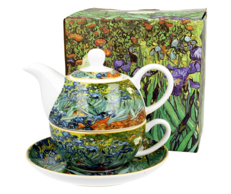 Ceainic cu ceasca si farfurie Duo, Vincent Van Gogh - Irises, portelan, multicolor, 350 ml