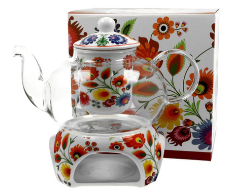 Ceainic cu infuzor de ceai si incalzitor Duo, Ethno Collection - Lowicz, portelan, multicolor, 1 L