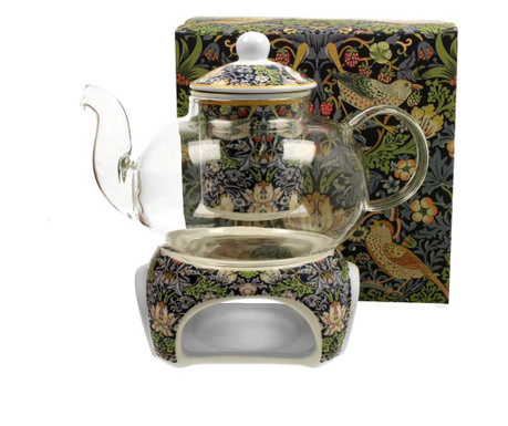 Ceainic cu infuzor de ceai si incalzitor Duo, William Morris - Strawberry Thief Blue, portelan, multicolor, 1 L