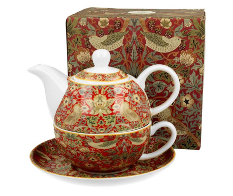 Dzbanek do herbaty z filiżanką i spodkiem William Morris - Strawberry Thief Red 350 ml