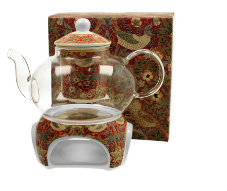 Ceainic cu infuzor de ceai si incalzitor Duo, William Morris - Strawberry Thief Red, portelan, multicolor, 1 L