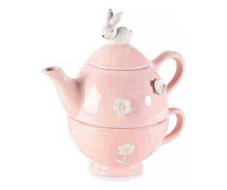 Teáskanna készlet rózsaszín kerámia csészével Nyúl modell 19x12x19 cm