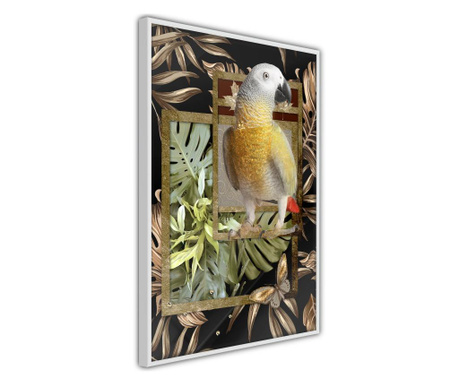 Faldekoráció - composition with gold parrot - fehér keret - 20 x 30 cm