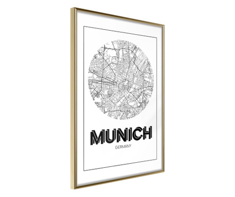 Poster Artgeist - City Map: Munich (Round) - Zlatni okvir - 30 x 45 cm