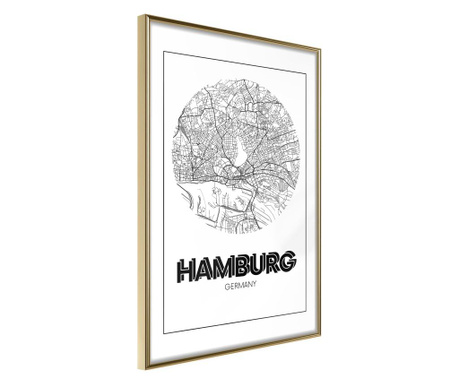 Poster Artgeist - City Map: Hamburg (Round) - Zlatni okvir - 30 x 45 cm