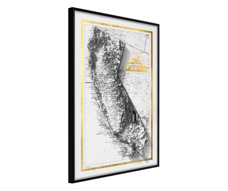 Плакат Artgeist - Raised Relief Map: California - Черна рамка - 20 x 30 cm