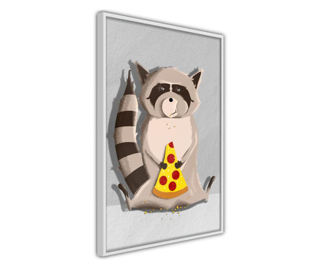 Faldekoráció - racoon eating pizza - fehér keret - 30 x 45 cm