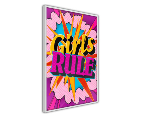 Faldekoráció - girls rule (colour) - fehér keret - 30 x 45 cm