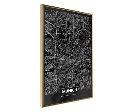 Плакат Artgeist - City Map: Munich (Dark) - Златна рамка - 20 x 30 cm