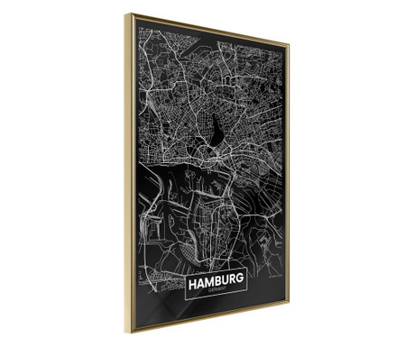 Плакат Artgeist - City Map: Hamburg (Dark) - Златна рамка - 20 x 30 cm