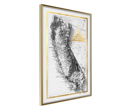 Плакат Artgeist - Raised Relief Map: California - Златна рамка - 20 x 30 cm