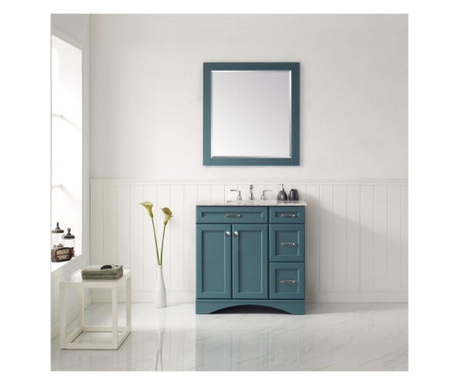 Set mobilier baie, dulap lemn cu lavoar, blat quartz + oglinda rama lemn, logos 91.4x55.8x86 cm, verde royal