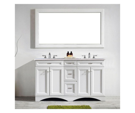 Set mobilier baie, dulap lemn cu dublu lavoar, blat quartz + oglinda rama lemn, egora 152.4x55.8x86 cm, alb