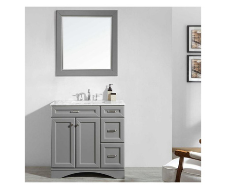 Set mobilier baie, dulap lemn cu lavoar, blat quartz + oglinda rama lemn, logos 91.4x55.8x86 cm, gri