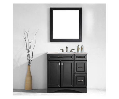 Set mobilier baie, dulap lemn cu lavoar, blat quartz + oglinda rama lemn, logos 91.4x55.8x86 cm, negru