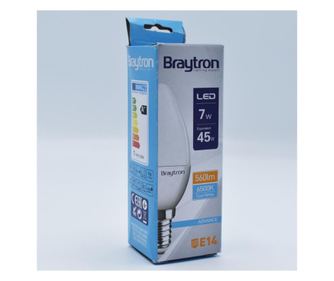Bec led lumanare 7W (45W), E14, C37, 460lm, lumina rece (6500K), opal, Braytron