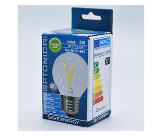 Bec led sferic Vintage filament 2W (16W), E27, G45, 200lm, lumina rece (6000K), clar, Optonica