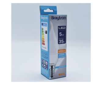 Bec led flacara 5W (35W), E14, C37T, 400lm, lumina rece (6500K), opal, Braytron