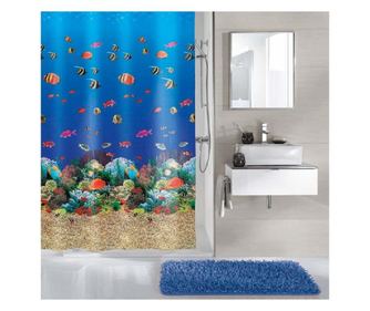 Perdea de dus kleine wolke malediven, albastra cu pesti exotici si corali, plastic ecologic, 180x200cm