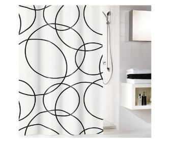 Perdea de dus kleine wollke rings, alba cu cercuri negre,poliester cu aspect textil, 180 x 200 cm