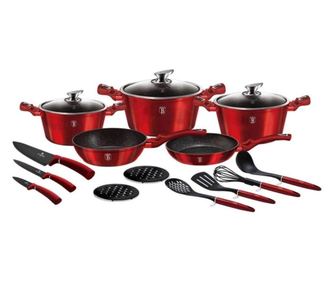 Set oale, cratite si tigai marmorate, 17 piese, din aluminiu forjat, metallic line burgundy edition, berlinger haus, bh 6162